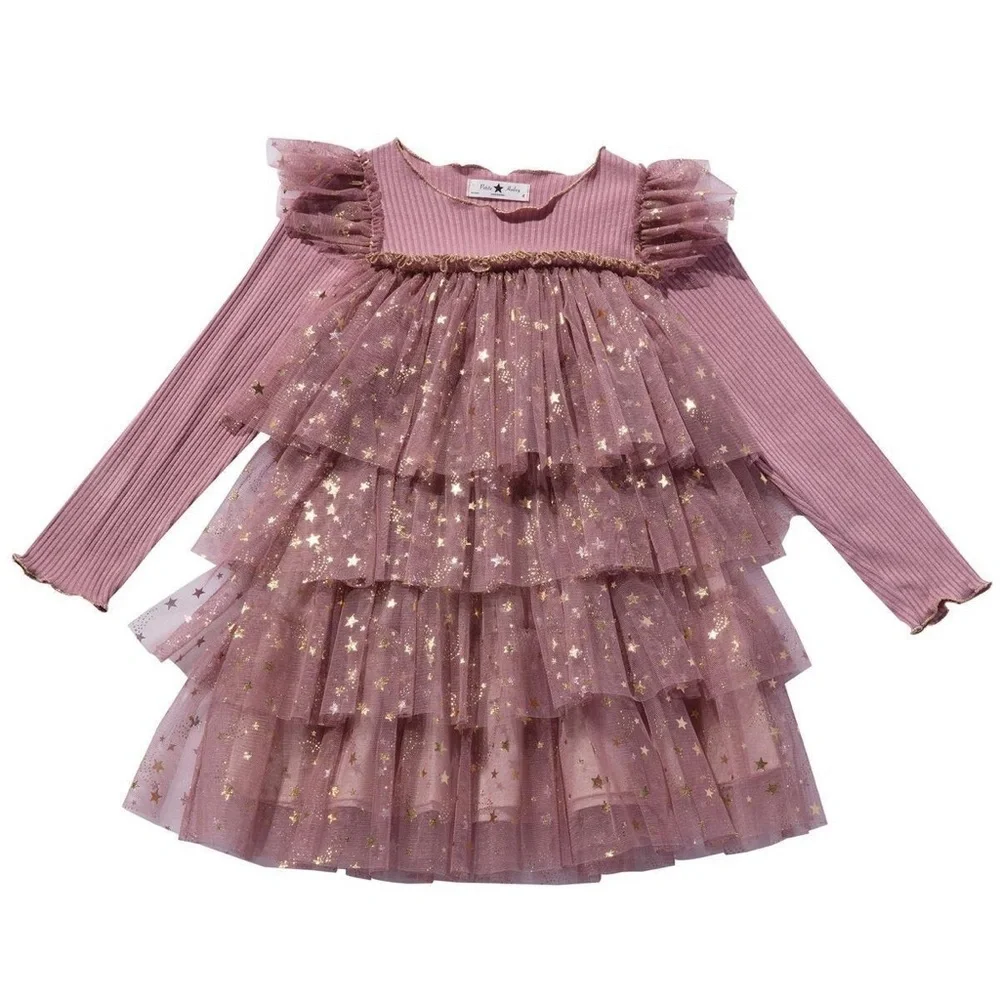 Petite Hailey Charming Pink and Gold Starry Kids Dress
